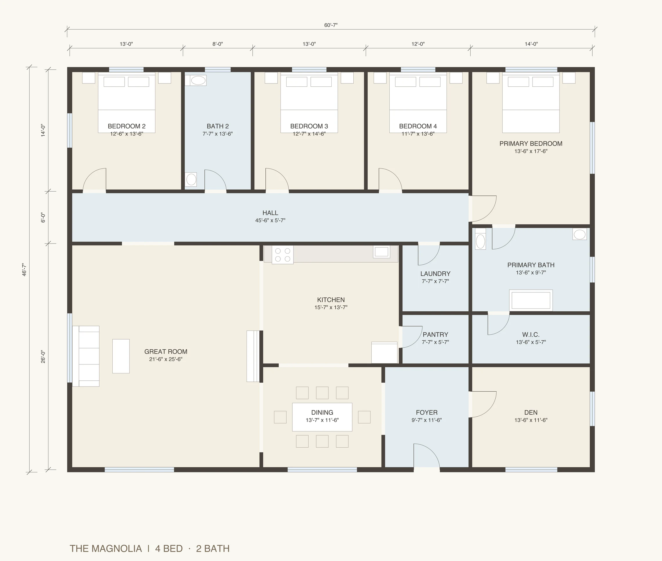 A floor plan drawn as builders' brochures are, of a four-bedroom house, The Magnolia