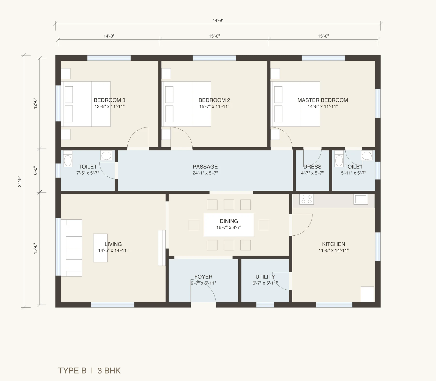 A floor plan drawn as builders' brochures are, of a three-bedroom apartment, Type B, 3 BHK