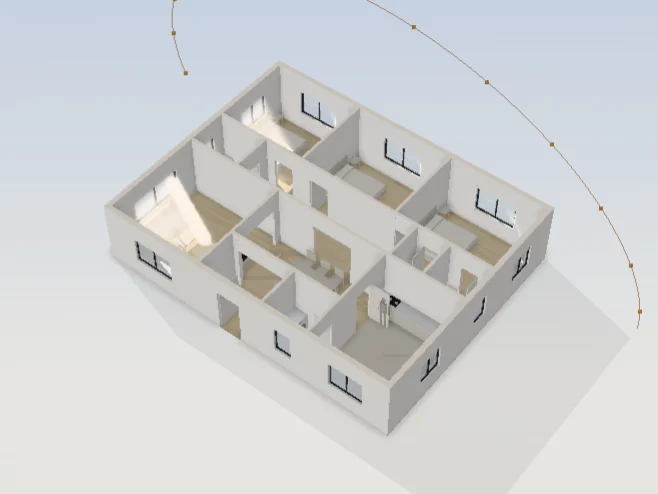 Type B, 3 BHK, the sample home, in 3D as its report opens on it, the sun's path over it